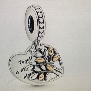 Pandora Silver and Gold Heart Charm with Leaf Motif